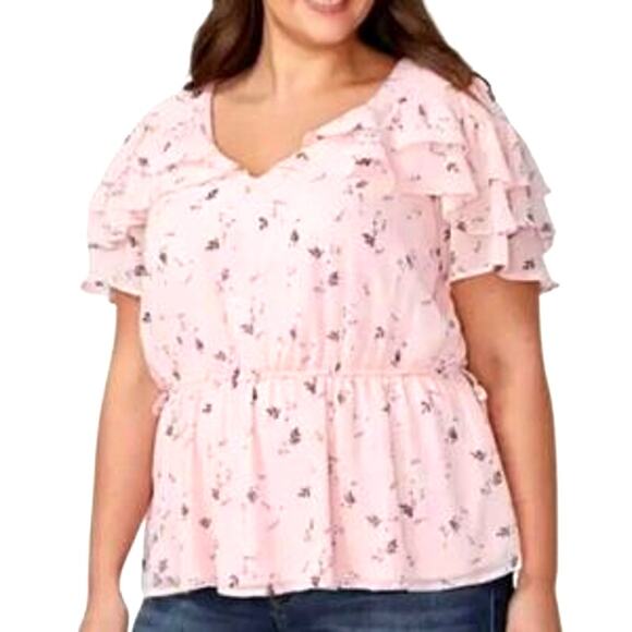 Lane Bryant Pink Ruffled Floral V-Neck Romantic Cottagecore Dainty Blouse 24 3X - Picture 1 of 11